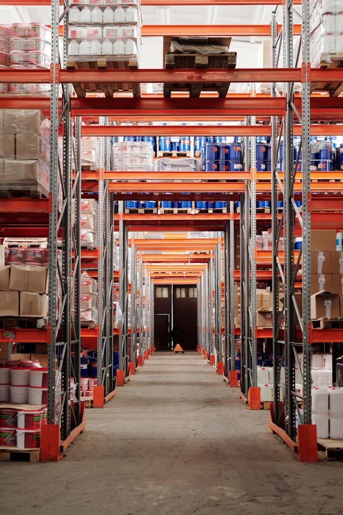 Services A modern warehouse interior showcasing organized shelves and pallets for efficient storage.